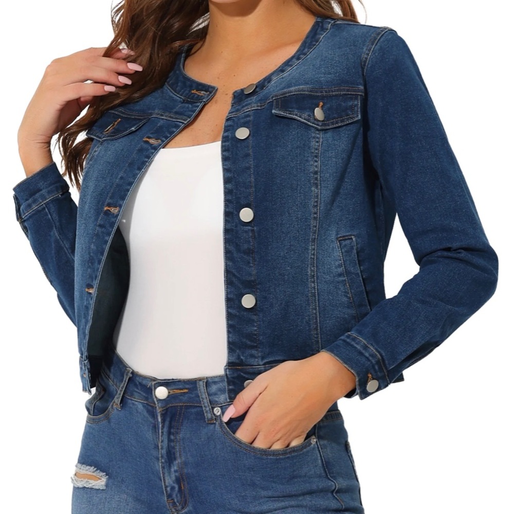 Allegra K Button Down Collarless Long Sleeve W pkts. Denim Jacket acid wash NWT